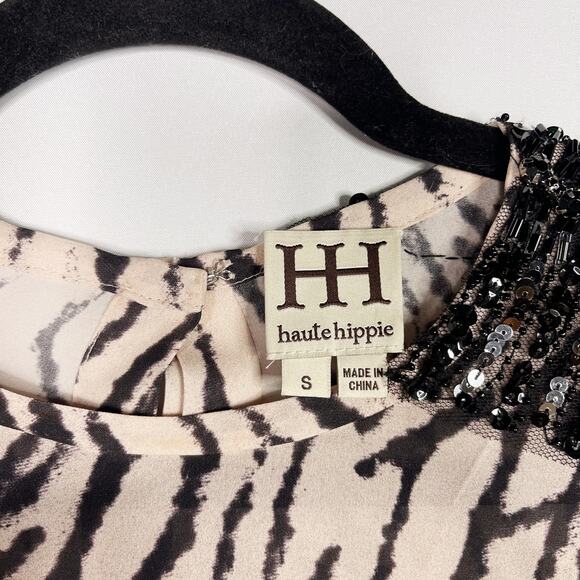 Haute Hippie Small S Silk Zebra Printed Long Sleeve Blouse Sequin Buff Black - Picture 10 of 15